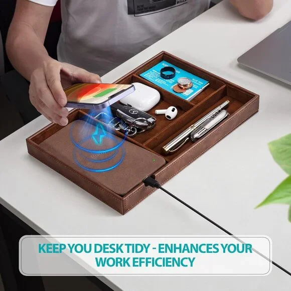 Valet Tray, Built in Wireless Charging Pad, Nightstand Organizer, Dresser Organi
